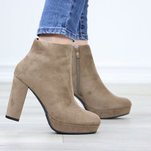 Platform Tan Suede Ankle Booties Block Heeled Boots